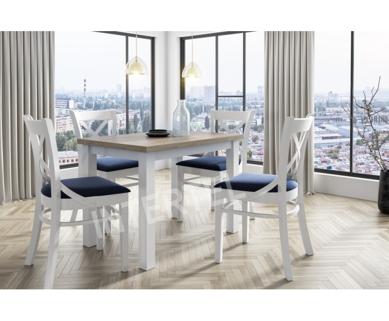 Zestaw: 4x MODERN 1 Białe krzesło tapicerowane z krzyżem + stół LAMARENTO 70x100 cm