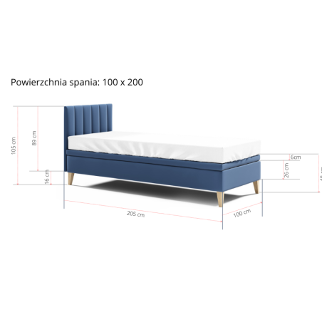 INTARO A8 Pojedyncze łóżko 100x200 tapicerowane z zagłowiem i pojemnikiem