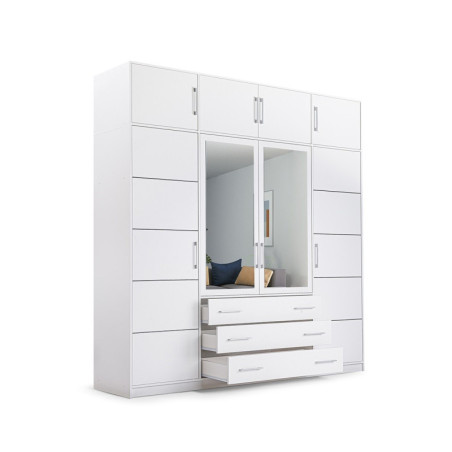 BALI 240 Biała szafa czterodrzwiowa z szufladami, lustrem i nadstawką
