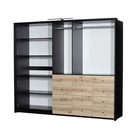 BOLIWIA 255  duża szafa pięciodrzwiowa z lustrem, szufladami i LED (czarna +artisan)