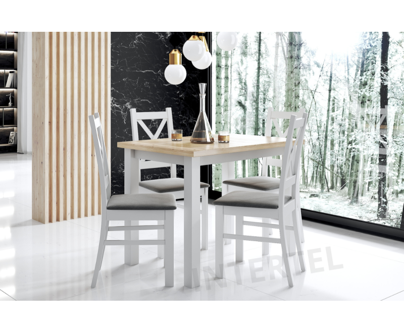 Zestaw w stylu skandynawskim: stół LAMARENTO 70x100 blat kraft złoty + 4x białe krzesło SKANDI, tk. casablanca 2314