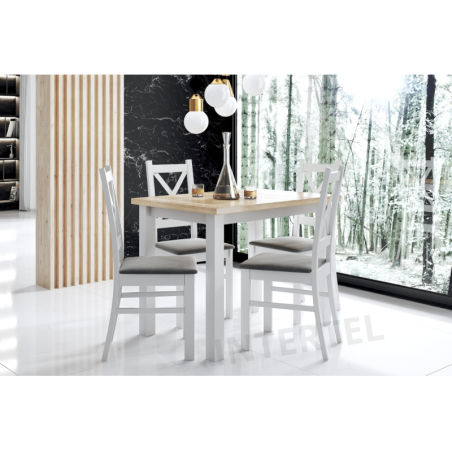 Zestaw w stylu skandynawskim: stół LAMARENTO 70x100 blat kraft złoty + 4x białe krzesło SKANDI, tk. casablanca 2314
