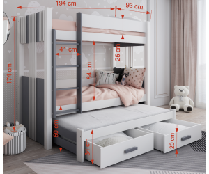 ANDY Białe łóżko piętrowe 3-osobowe 80x180 z szufladami, wstawki dąb shetland