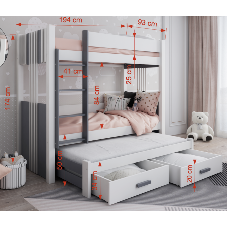 ANDY Białe łóżko piętrowe 3-osobowe 80x180 z szufladami, wstawki dąb shetland