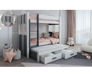 ANDY Białe łóżko piętrowe 3-osobowe 80x180 z szufladami, wstawki antracyt
