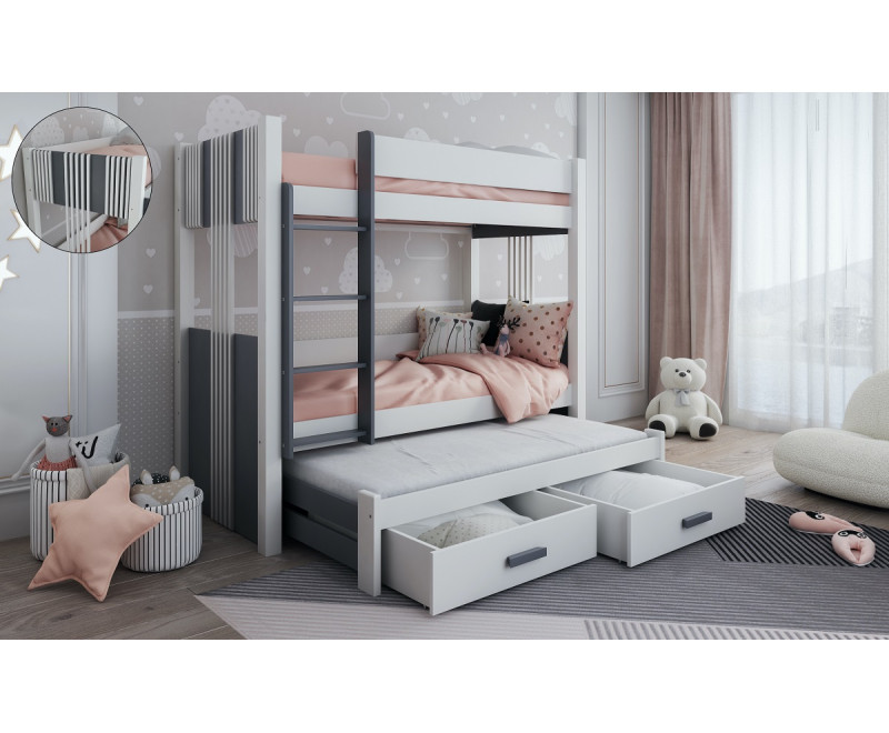 ANDY Białe łóżko piętrowe 3-osobowe 80x180 z szufladami, wstawki antracyt