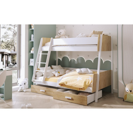 KELLY Białe łóżko piętrowe 2-osobowe 80x180 z szufladami, wstawki dąb shetland